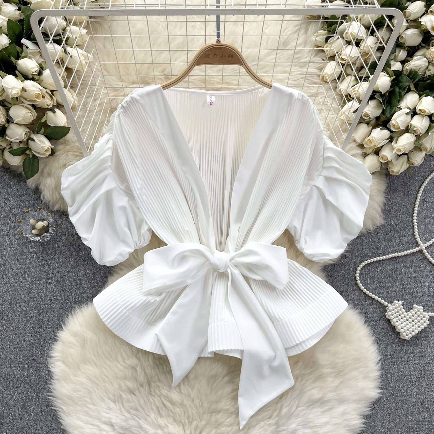 Chic Sweet Ruffle Pleated Puff Long Sleeve V Neck Bow Blouse Elegant French Fashion Sexy Shirt Spring Autumn Women Top