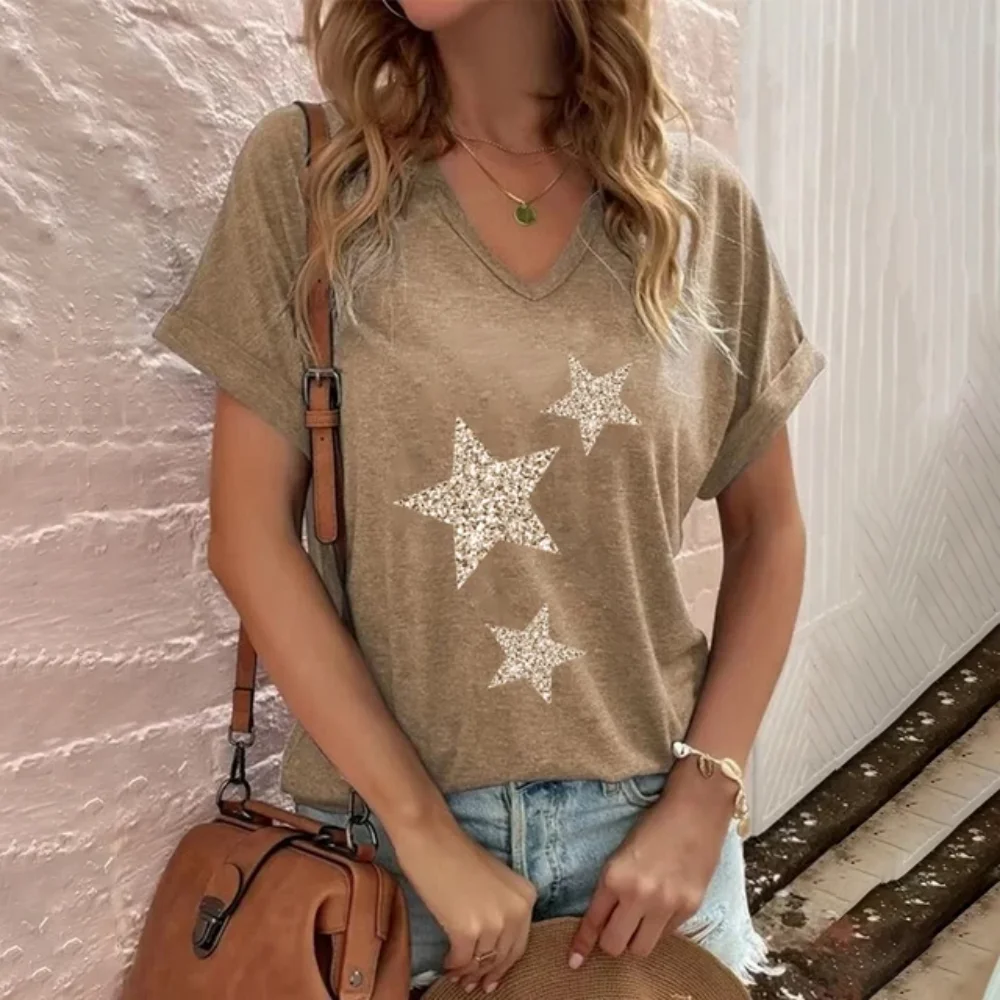 Korean style women's tops simple five-pointed star pattern printing daily women's V-neck shirt summer comfortable women clothing