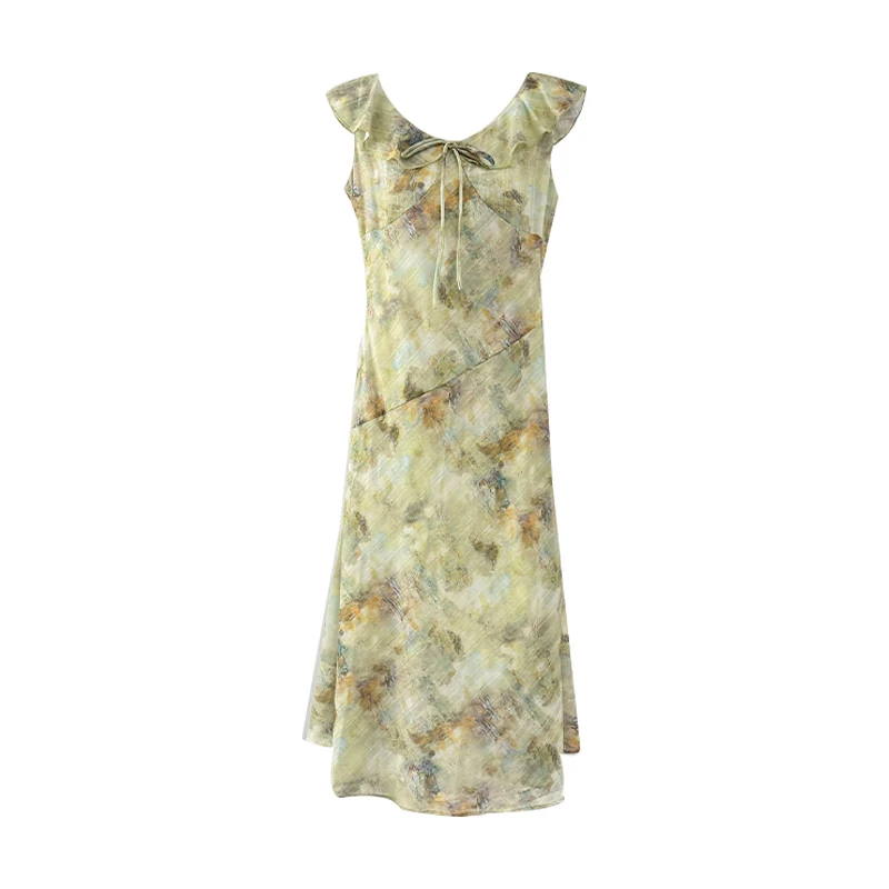 Estilo francês babados vestido de impressão floral para mulher 2025 verão chique querida colarinho sem mangas vestidos retro rendas até vestido longo