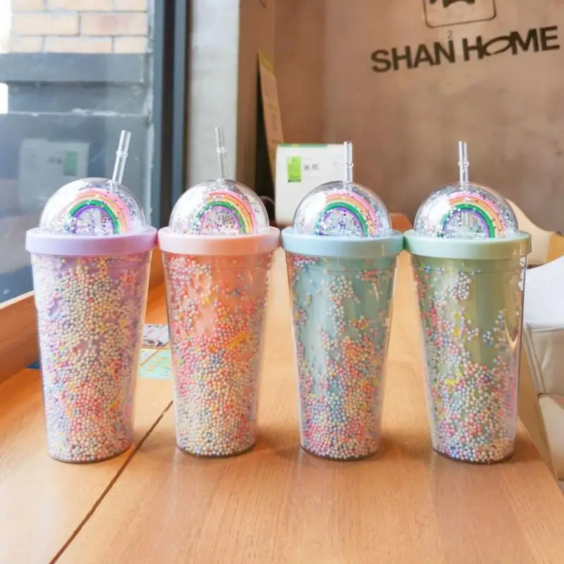 Reusable Straw Cup Rainbow Bubble Sequined Glitter Cup Coffee Juice Straw Mug Personalized Plastic Bottom Outdoor Portable Cup