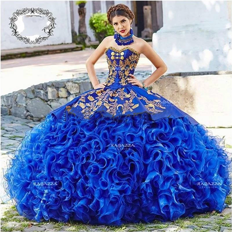 Royal Blau Mexikanischen Quinceanera Kleider Gold Appliques Prom Kleider Perlen Organza Rüschen Rock Korsett Zurück Pageant Kleid