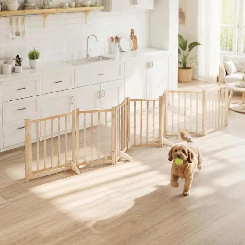 Barrière de sécurité pliable pour animaux de compagnie en bois massif avec loquet à fermeture automatique, installation sans perçage, barrière intérieure de 300 cm de large pour chiens, chats, escaliers, cuisine, finition grain de bois naturel