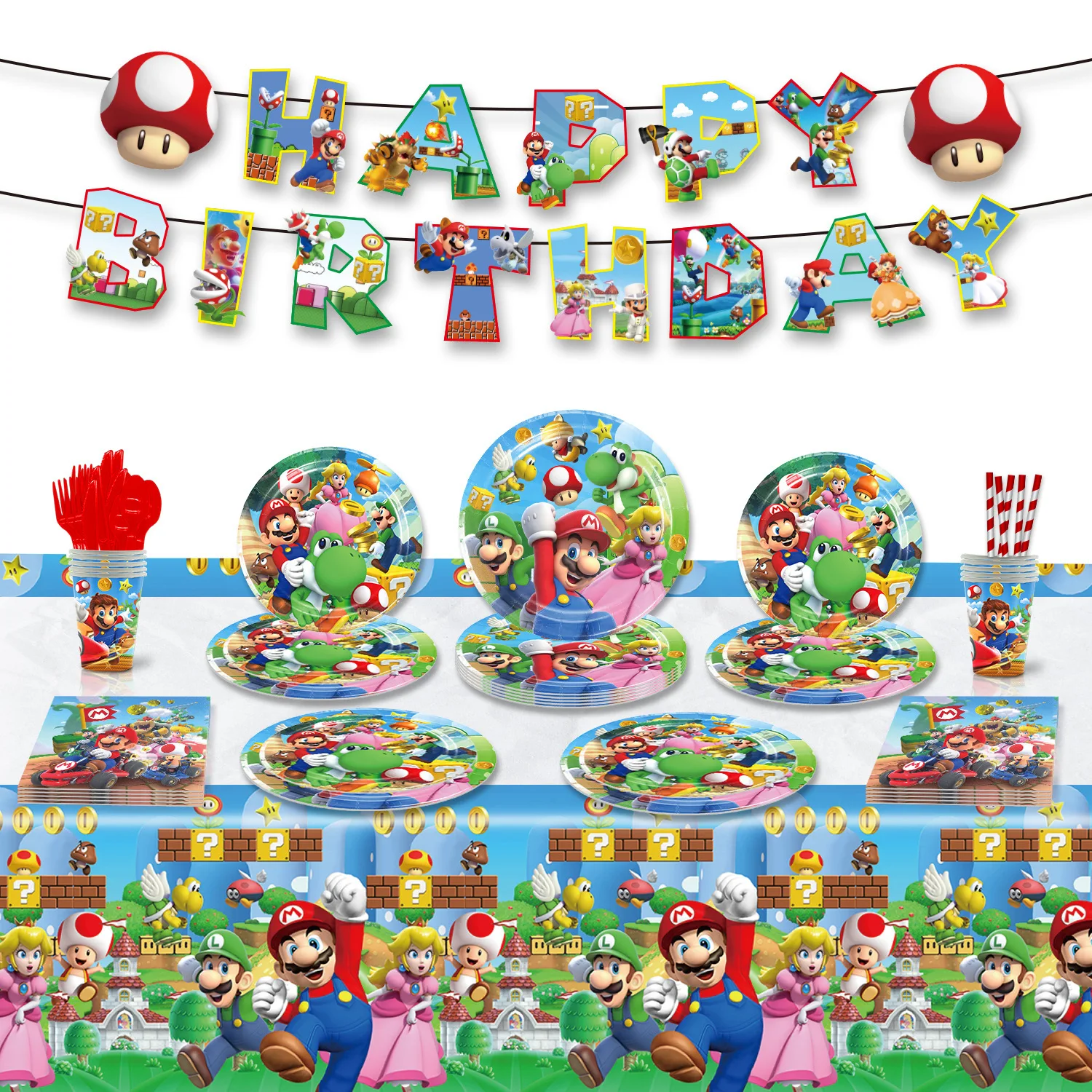 Super Mario Birthday Decoration Tableware Supplies Tablecloth Paper Cups Plates Backdrop Party Digit Balloons Baby Kids Favor