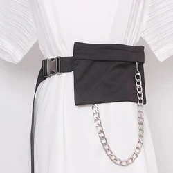 Simple Fashion Black Fabric Chain Pocket Cummerbunds Female Dress Corsets Waistband Belts Decoration Wide Belts