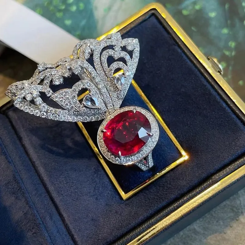 925 Sterling Silver Premium Color Treasure French Ruby Light Luxury Temperament butterfly Ring Delicate Jewelry Gift for Women
