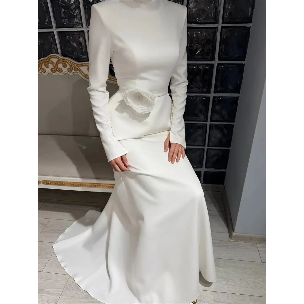 Vestido de noche musulmán elegante de manga larga, cuello alto, plisado, flores, largo hasta el suelo, vestido de graduación, vestidos de fiesta formales personalizados