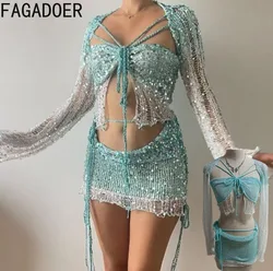 FAGADOER Sexy Sequins Hollow 3 Piece Sets Outfit Women Lace Up Crop Tops And Mini Skirts Suits Female Nightclub Party Clothing