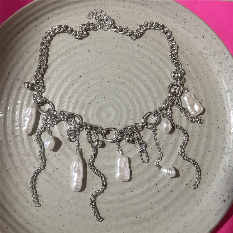 Unregelmäßiger Perlenanhänger, silberfarbene Quastenkette, dicke, klobige Halskette für Frauen, personalisierter Halsschmuck, Accessoires – Detail 3