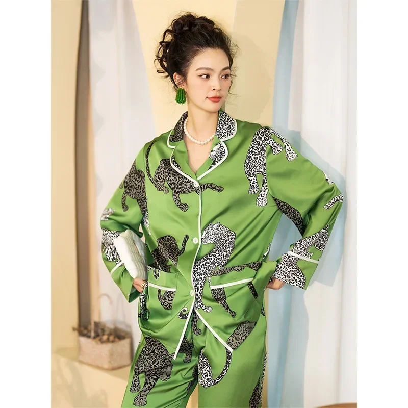 Green Pajamas Satin Sleepwear Women's Jungle Leopard Shirt&pants Casual Homewear Nightwear Female Fashion Outwear Loungewear