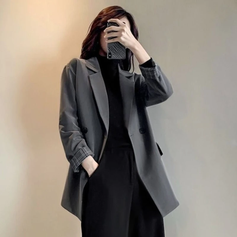 ​Women's Loose Korean Blazer 2025 New Arrival Casual Patchwork Plaid Cuffs Drapey Mid Length Versatile Office Blouse​