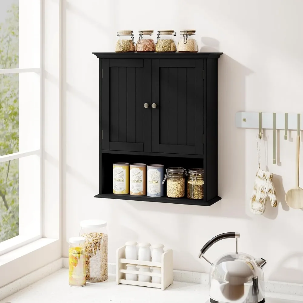 خزانة تخزين الحمام المثبتة على الحائط بباب مزدوج مع رفوف قابلة للتعديل للاستخدام متعدد الأغراض