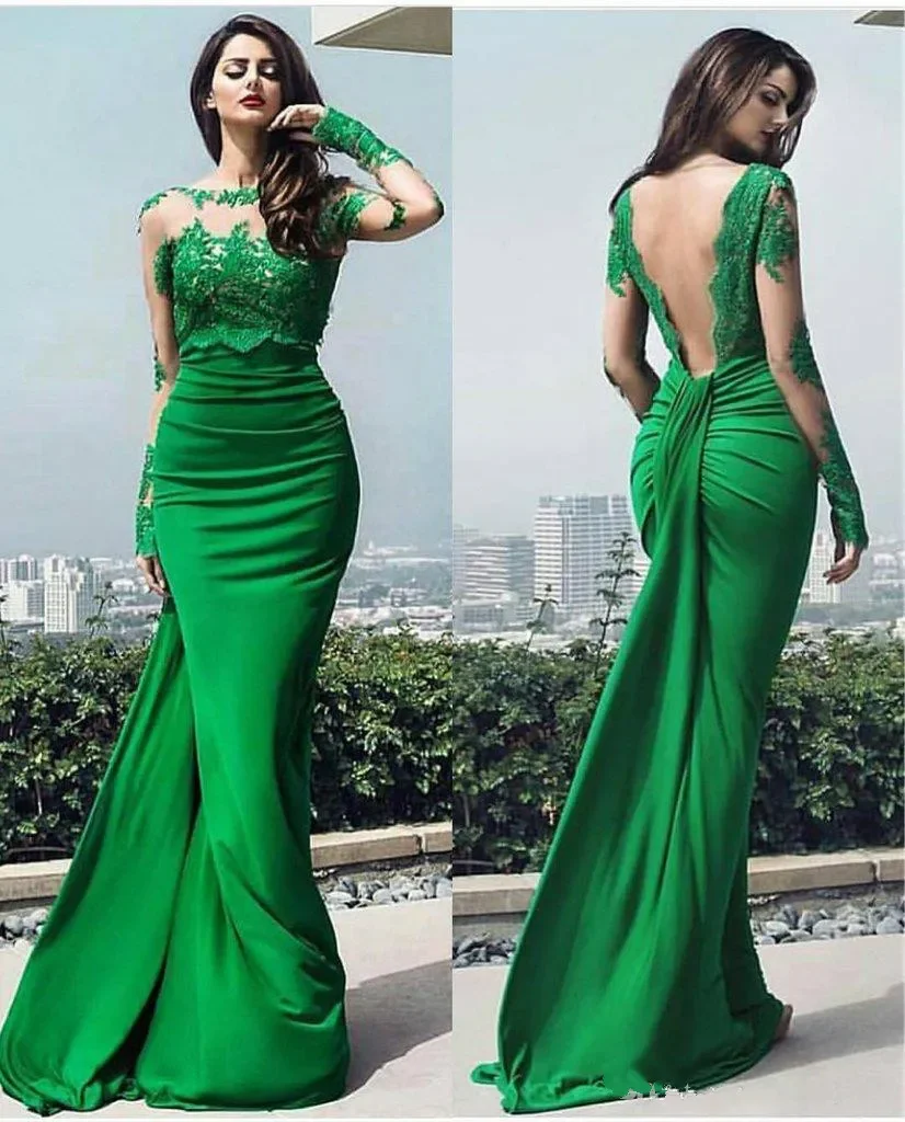 Vestidos de noite sem encosto Ilusão até o chão, Mangas compridas, Vestidos de sereia verde, Vestidos elegantes, Vestido de festa formal Dubai, 2024