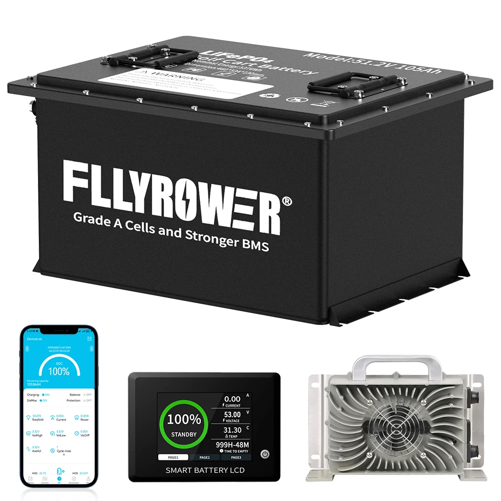 FLLYROWER 48V 105Ah Golf Cart Lithium LiFePO4 Battery Pack Club Car 200A BMS 8000+ Deep Cycle With 58.2V 20A Charger Bluetooth