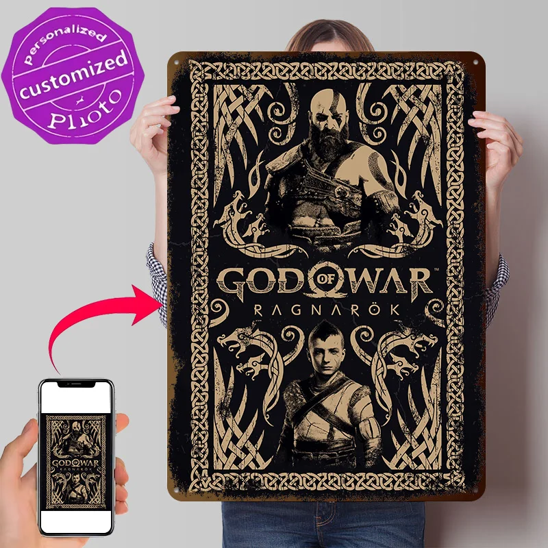 God of War Ragnar??k: Father and Son 3D Texture Printed Poster Custom Vintage Metal Tin Plate Sign for Wall Art Decor Room Retro