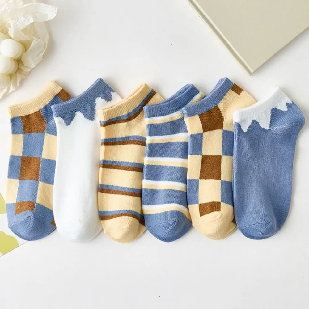 10Pairs Breathable Grid Stripe Ankle Socks Non-slip Colorful Women Tube Socks Hosiery Thin Simple Mid-calf Socks Gifts