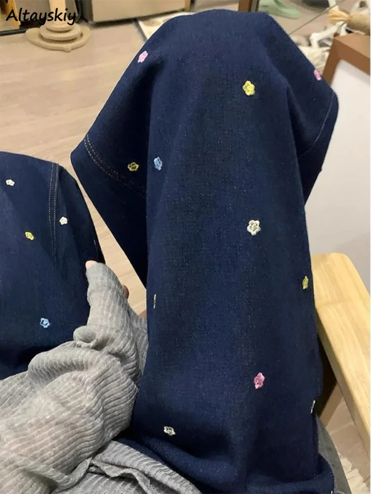 Stickerei Jeans Frauen Dunkelblau Denim Hohe Taille Lose Fit Koreanischen Stil Alle-spiel Design Breite Bein Taschen Täglichen casual De Mujer