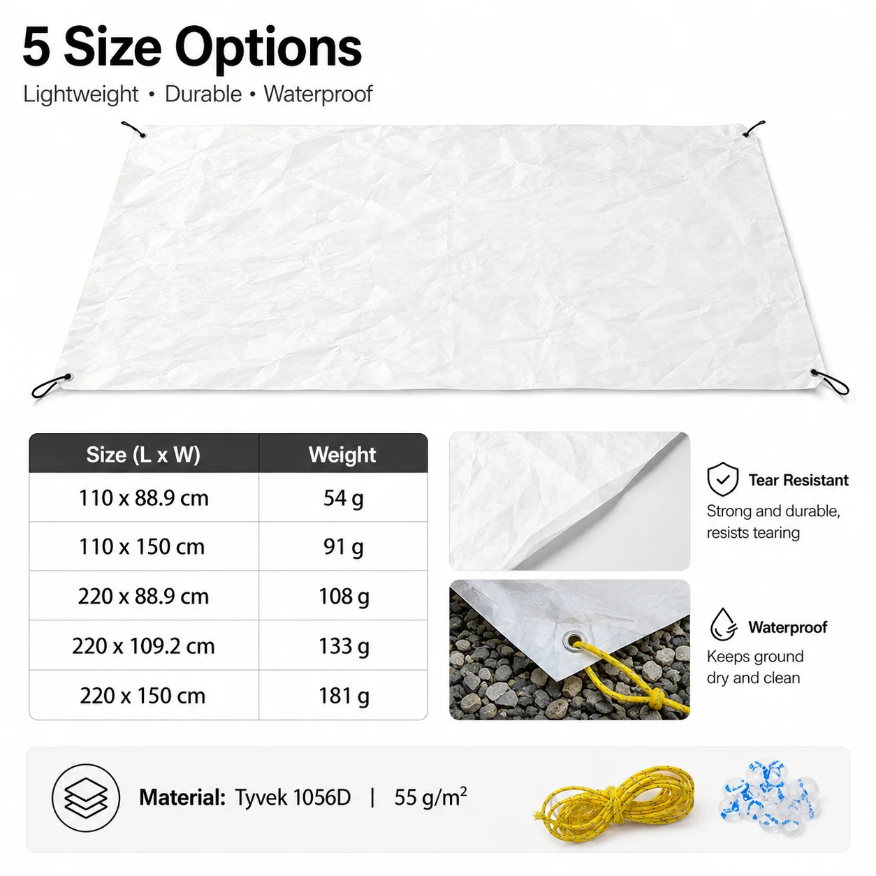 1056D Tyvek Camping Ground Sheet 55g/㎡ Ultralight Waterproof Tent Footprint Tear Resistant Foldable Picnic Mat with Guy Lines