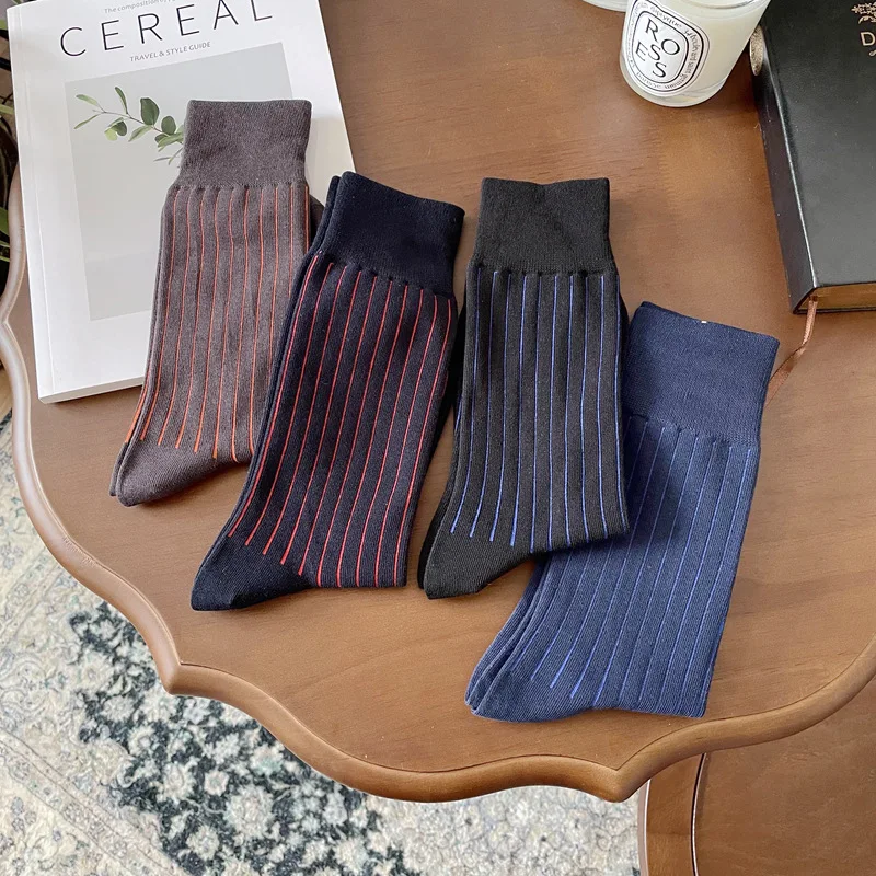 New Autumn And Winter Men'S Business Socks, Cotton Socks, Vertical Striped Socks, Boneless Seam Toe Gentleman Socks, Mid-Calf So