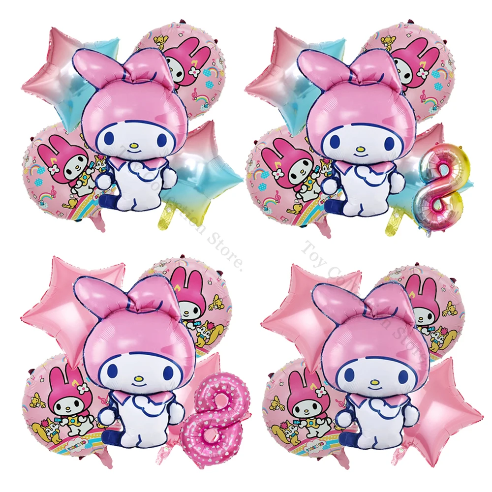 

Sanrioed Melodyed Cartoon Round Star 18in Foil Ballon Party Supplies Kawaii Anime Rabbit DIY Decor 1-9th Year Anniversary Gifts