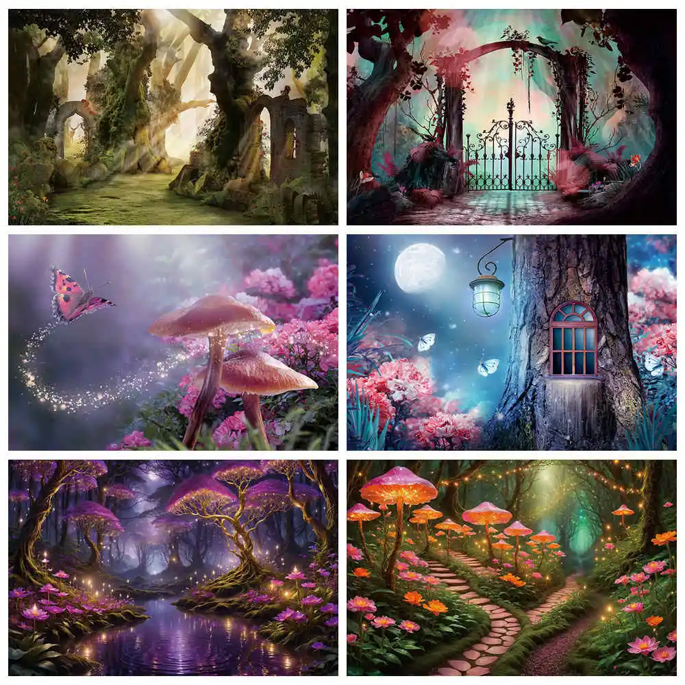 MOON.QG Alicja w krainie czarów dziewczyna urodziny tło imprezowe bajkowy las zamek motylkowy tło spersonalizowane rekwizyty fotograficzne