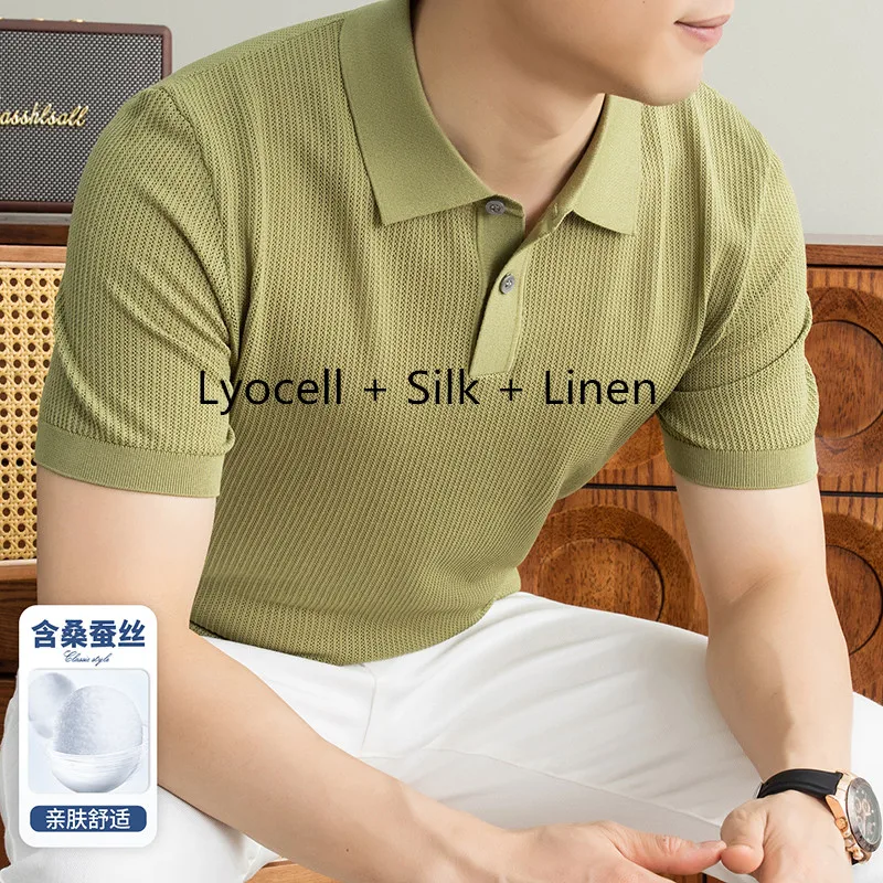 

Good Breathable Linen + Silk Knitwear Men 2026 Summer Trendy Lyocell Knit Polo Clothes Short Sleeve Tops Hollow Out Knit Shirt
