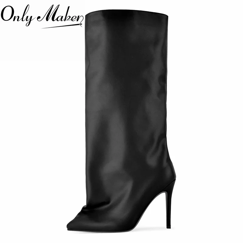 

Onlymaker Women Pointed Toe Pleated Knee High Boots Fashion Mid Calf Pull On Thin Heel Boots