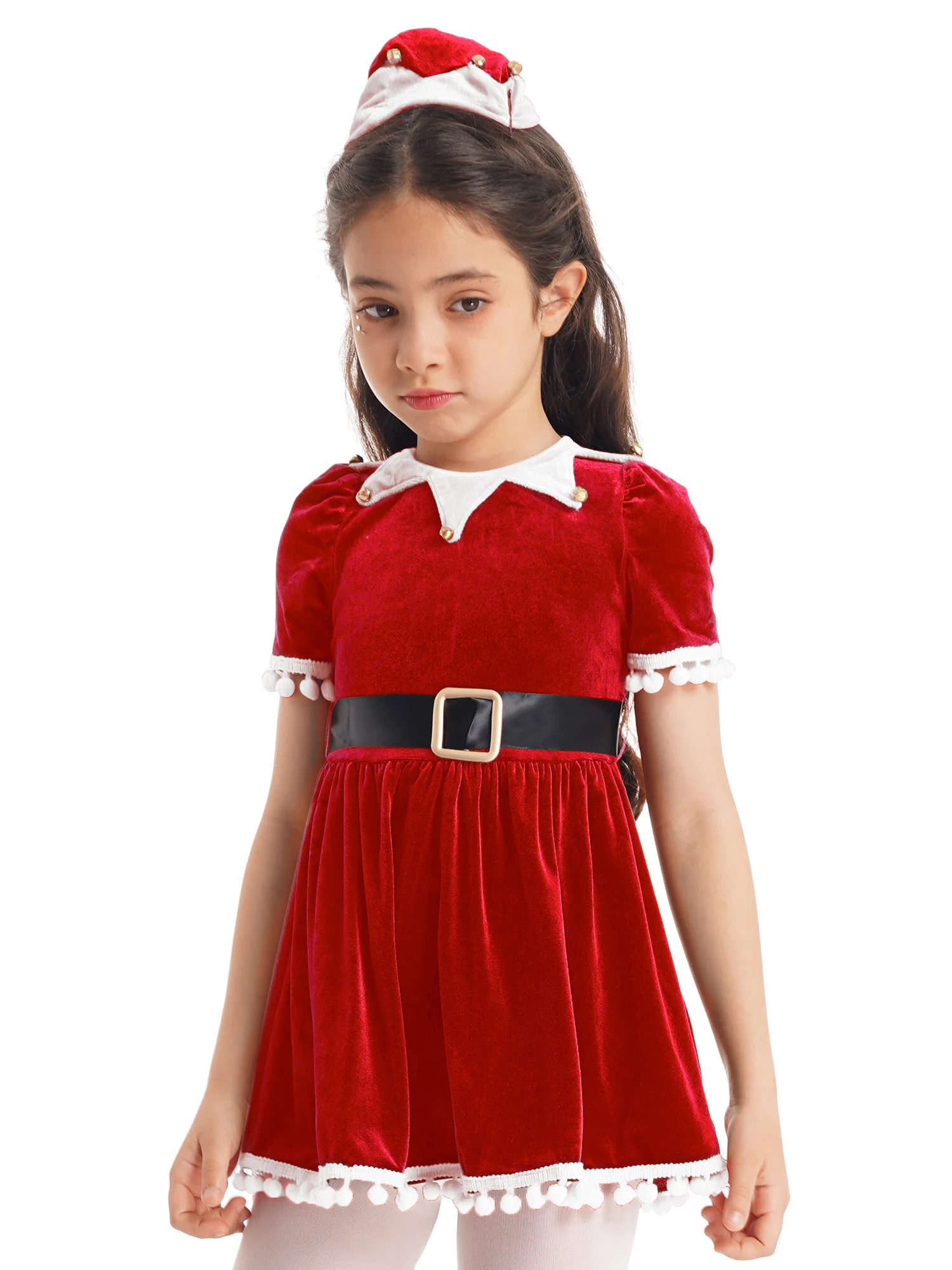 Kids Girls Christmas Holiday Santa Claus Elf Costume Tutu Dress with Hat Belt Xmas Festival Party Princess Outfits Performance