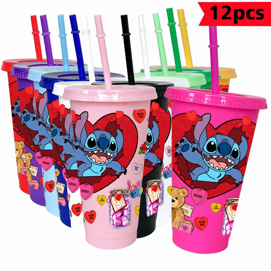 

12 шт./лот Disney Stitch Love 26 унций цветной пластиковый стакан для дня рождения, посуда для напитков, кружка для сока, кофе