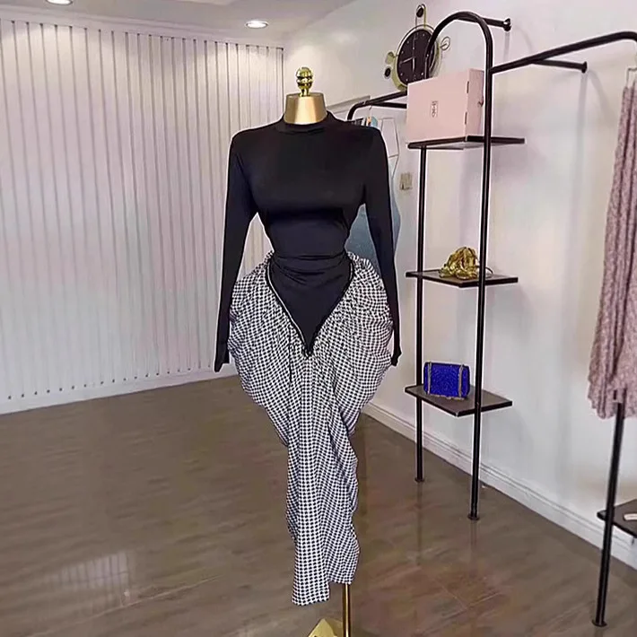 

New European and American women's fashion spliced irregular dress, waist-cinching, slimming long dress