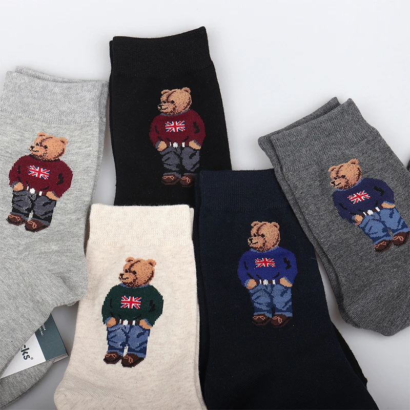 2 Pairs Designer Socks Bear Luxury Brand Socks Man Cartoon Gentleman Bear Men's Socks Cotton Harajuku Breathable Skateboard Sock