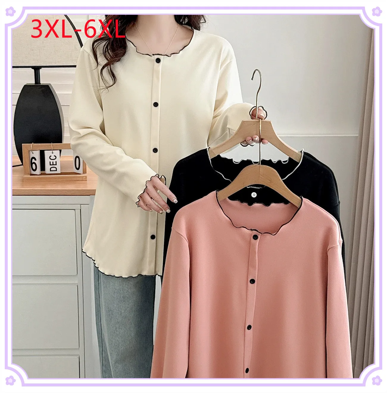 New 2025 Ladies Spring Summer Plus Size T-shirt For Women Large Size Long Sleeve O-neck Tops 3XL 4XL 5XL 6XL