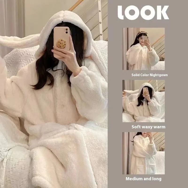 Autumn and Winter Ladies Warm Pajamas Homewear Rabbit Ears Ins Girls Student Pajamas Cartoon New Robe Bathrobe Homewear