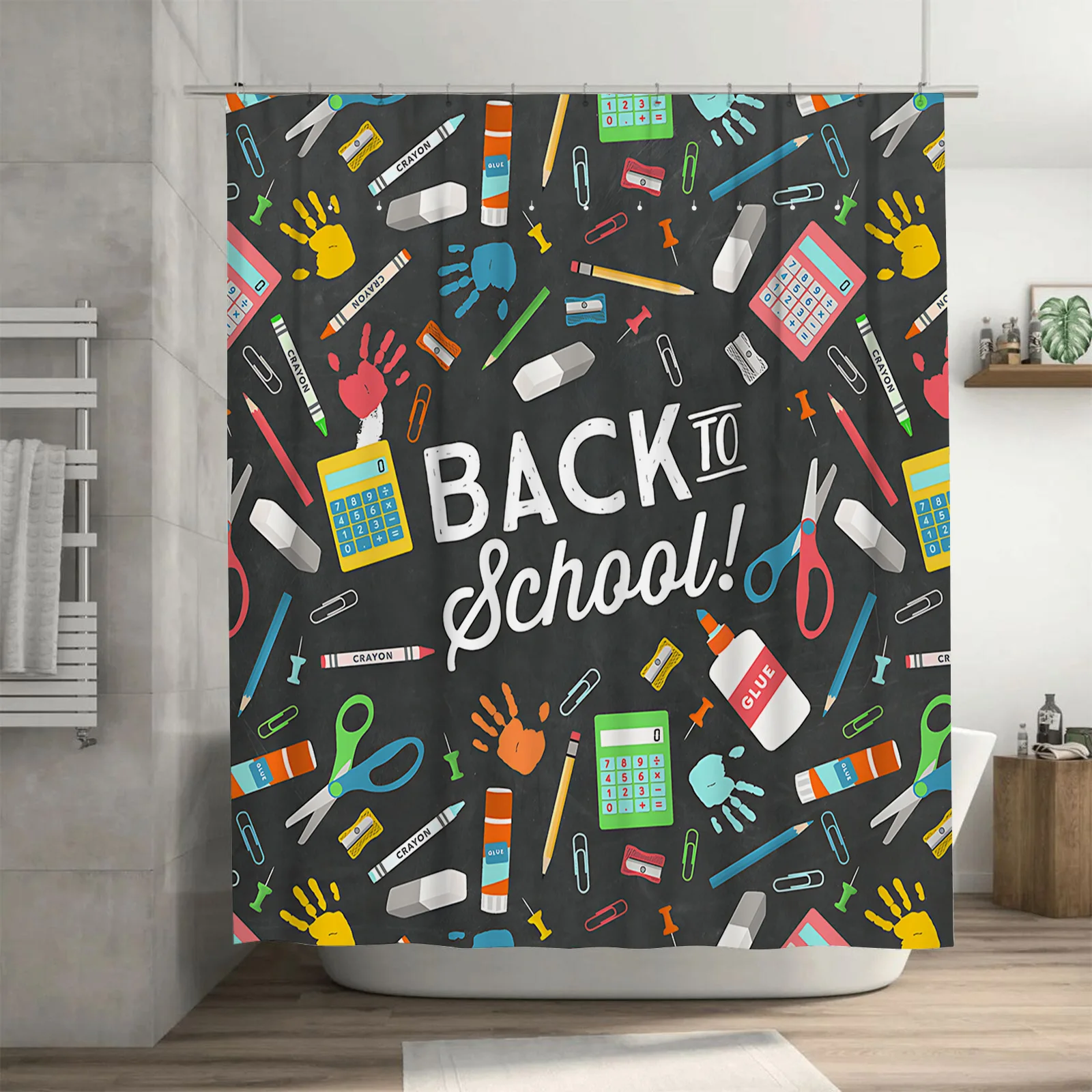 

Красочные школьные принадлежности, занавеска для душа для детей и подростков, водонепроницаемый моющийся декор, легко чистится и обслуживается, дополнительный крючок