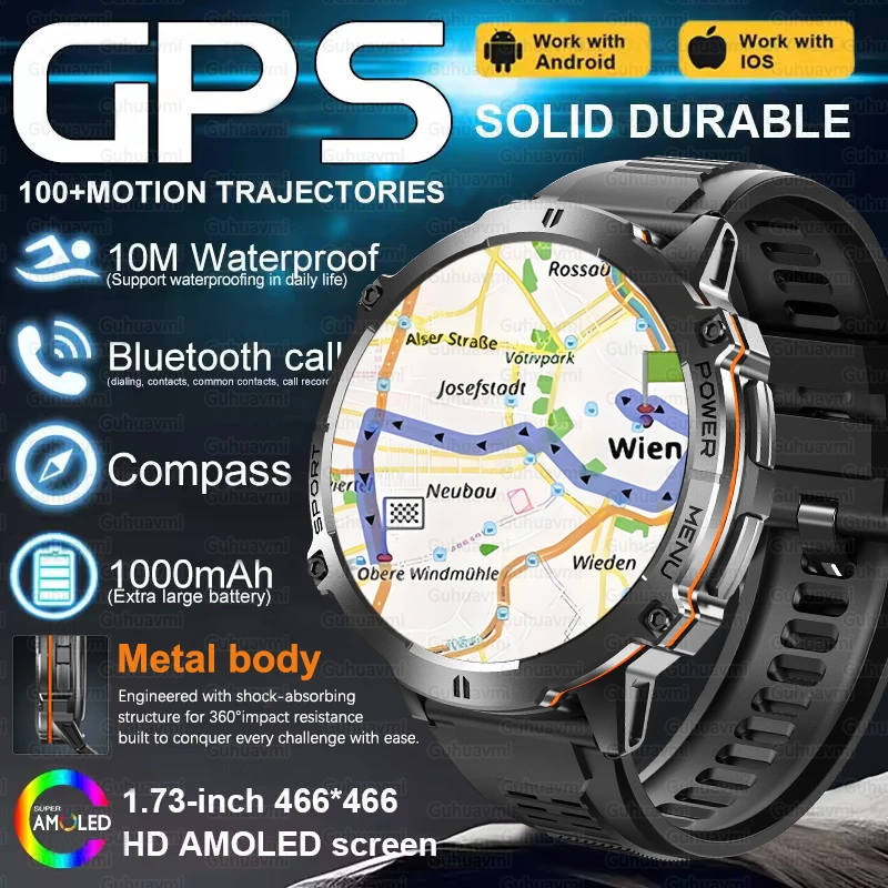 

2025 New Original Premium GPS SmartWatch Men 1.73'' AMOLED HD Display Built-in GPS Compass BT Call 10ATM Waterproof Smart Watch