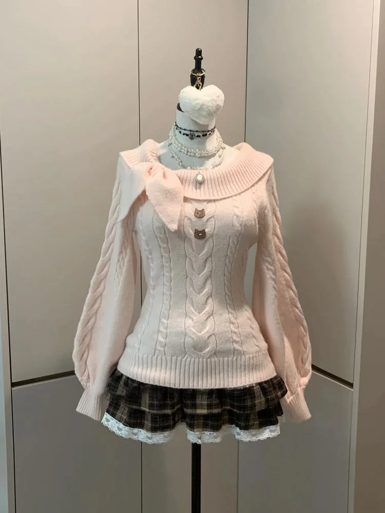 

Sweet Sle Women's Sweater And Skirt Set High Waist Plaid Design Long Sve Loose Fit Autumn Faion Two-Piece Outfit