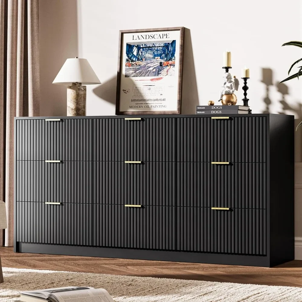Black Dresser for Bedroom, 9 Drawer Double Dresser, Modern Chest of Drawers for Bedroom, Living Room, Entryway and Closet, 63 L