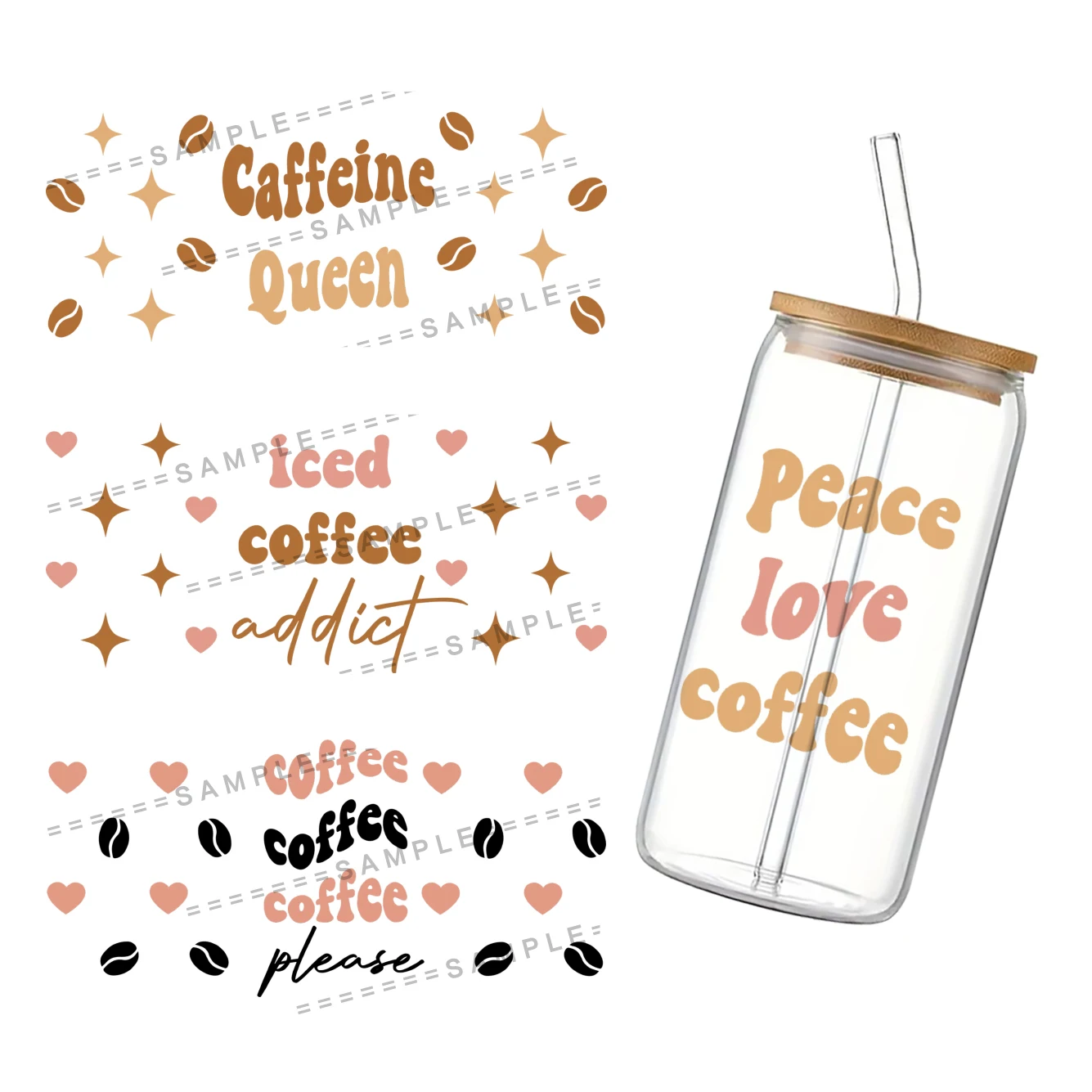 Coffee Pattern UV DTF Cup Wrap for 16Oz Libbey I Need Coffee Glass Can DIY Transfer Sticker