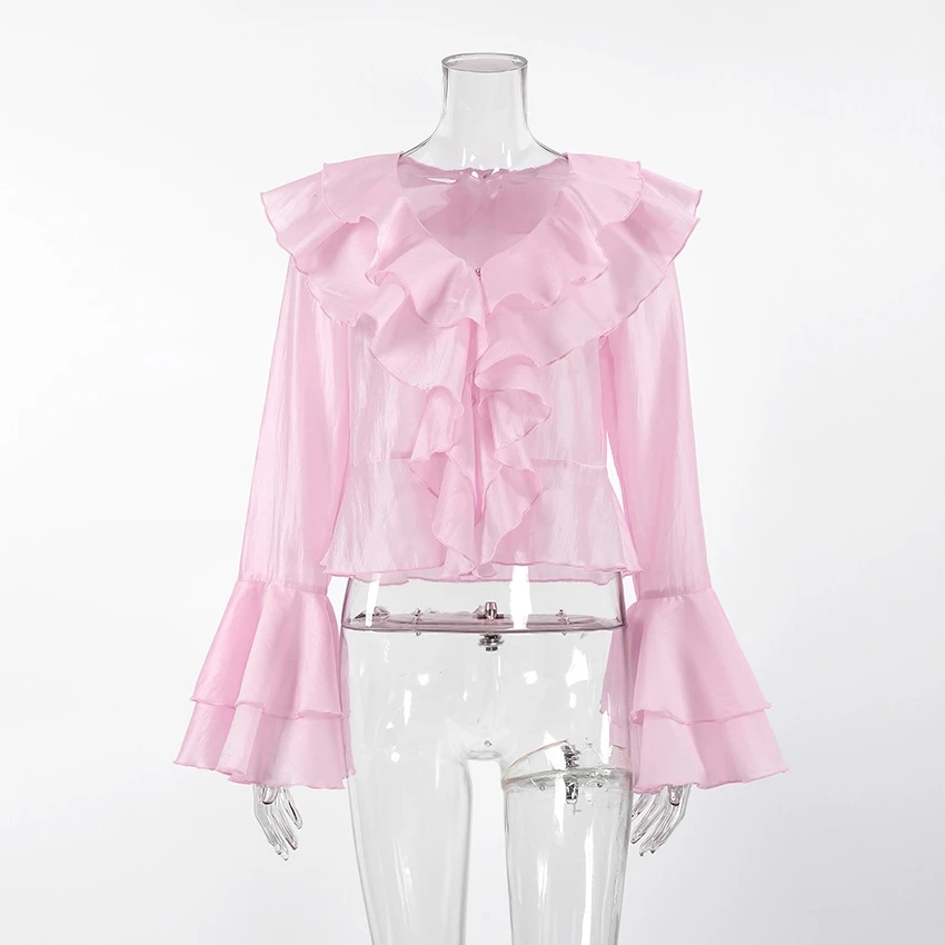 

Модная женская блузка весна 2026 с V-образным вырезом, длинными рукавами-колокол, розовая, на пуговицах, с присборенным подолом, в деловом стиле