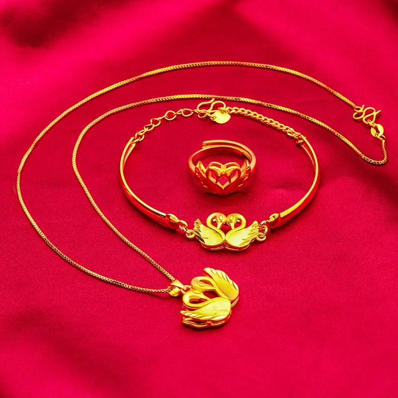 

Ins Swan Gold 3-Piece Set!24K Gold AU999 Women's, Hollow Swan Necklace + Feather Bracelet, Adjustable Ring Stacking Eye-Catching