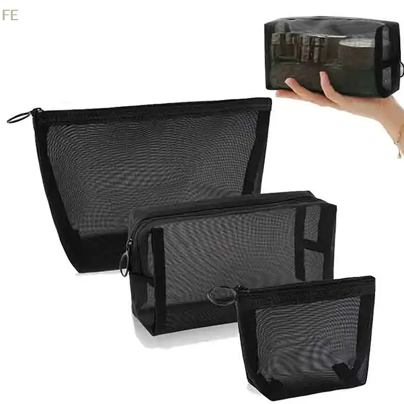 [F] Mesh Clear Cosmetic Bags Small Large Black Makeup Bag Portable Travel Toiletry Organizer Case Lipstick Storage Pouch