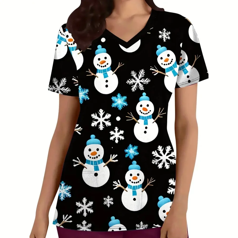 Scrub Donna Medica Estate Natale Pupazzo di neve Stampa Scollo a V Maniche corte Carino Uniformi infermieristiche Top Dental Abbigliamento da infermiera per donna
