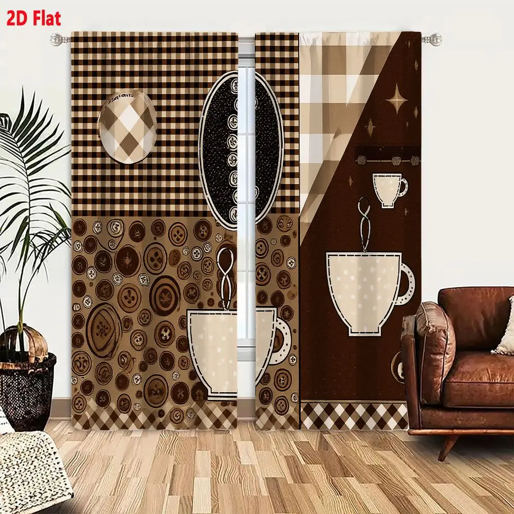 2Pcs Curtains Add 2D Flat Vintage Coffee Collage With Polka Dot Cups And Bean Icons In Brown Beige Monochrome Window Drapes for