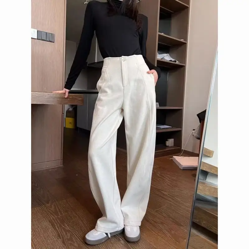 Coreano autunno inverno nuovo addensare banana falce pantaloni donna tasche con cerniera solida vita alta moda pantaloni dritti a gamba larga