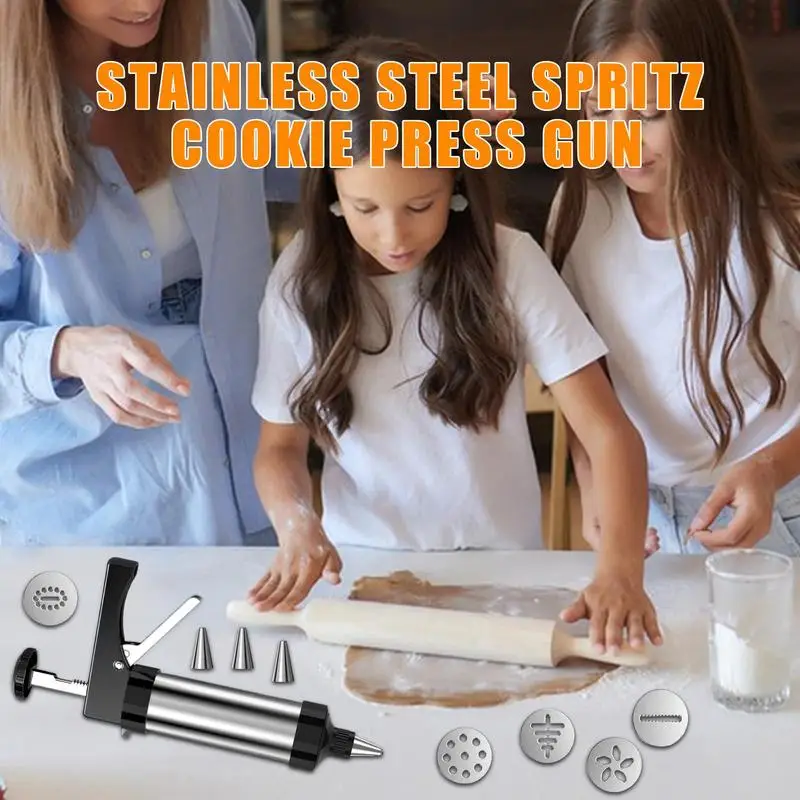 Cookie Cook Mold Kit Stainless Steel Cook Press Set Making Kit Spritz Cookie Press Baking Tool With 13 Discs 8 Icing Tips For