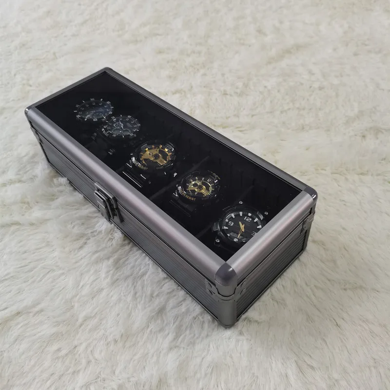 Safe Box Watch Box Organizer Black Transparent Aluminum Alloy Case Metal Storage Watch Boxes With Pillow Display Fall Prevention