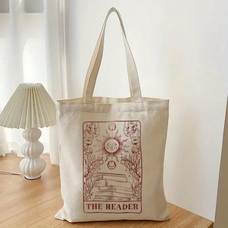 Retro Reader Pattern Canvas Init Bag, Sun Pattern Lightweight Shopping Bag, Multi functional Storage Bag