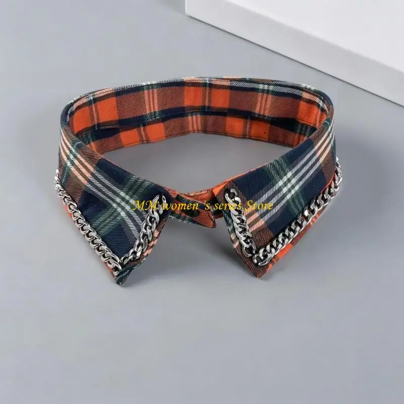Q39C Detachable Collar Polyester Pointed Collar with Check Pattern and Decorative Chain Detail for Layering Under Sweaters and