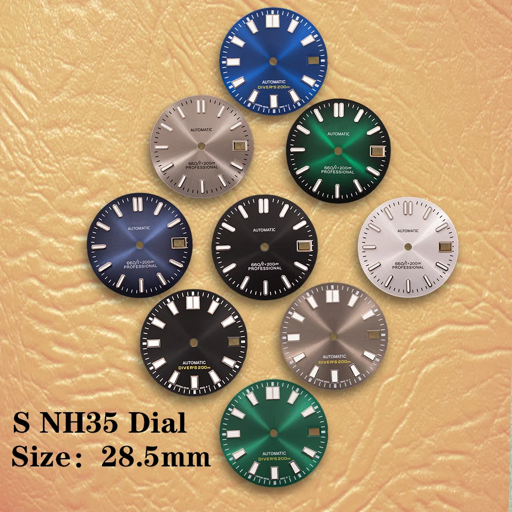 28.5mm S Dial Sun Gradient Logo Nh35 Dial Suitable For NH35 NH36 Movement Green Luminous Quality Watch Modification Accessories