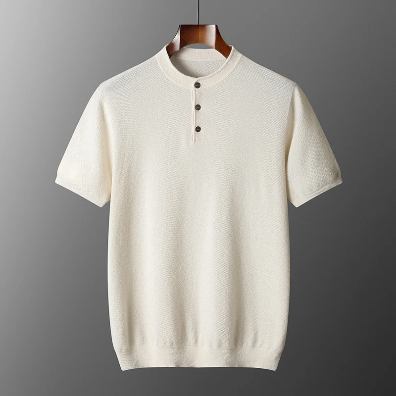 

Мужской свитер с короткими рукавами из 100% чистого кашемира, деловая повседневная однотонная футболка, вязаный пуловер, свободные топы с полувысоким воротником и пуговицами