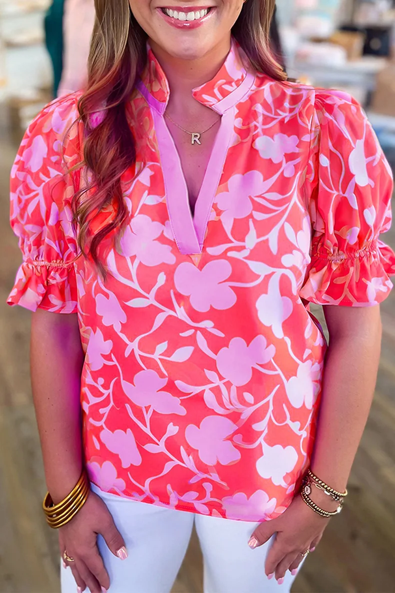 

2025 Summer Short Sleeve Pullover V Neck Chiffon Shirt Women European And American Fashion Boho Floral Printed Blouse Tops